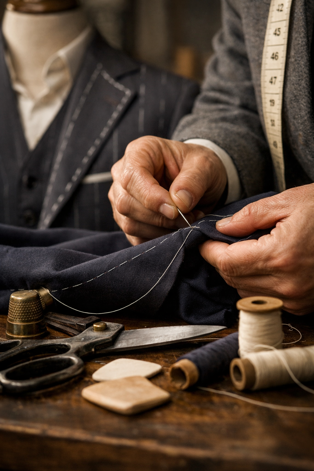 Garment construction detail showing premium fabric, stitching and clothing craftsmanship